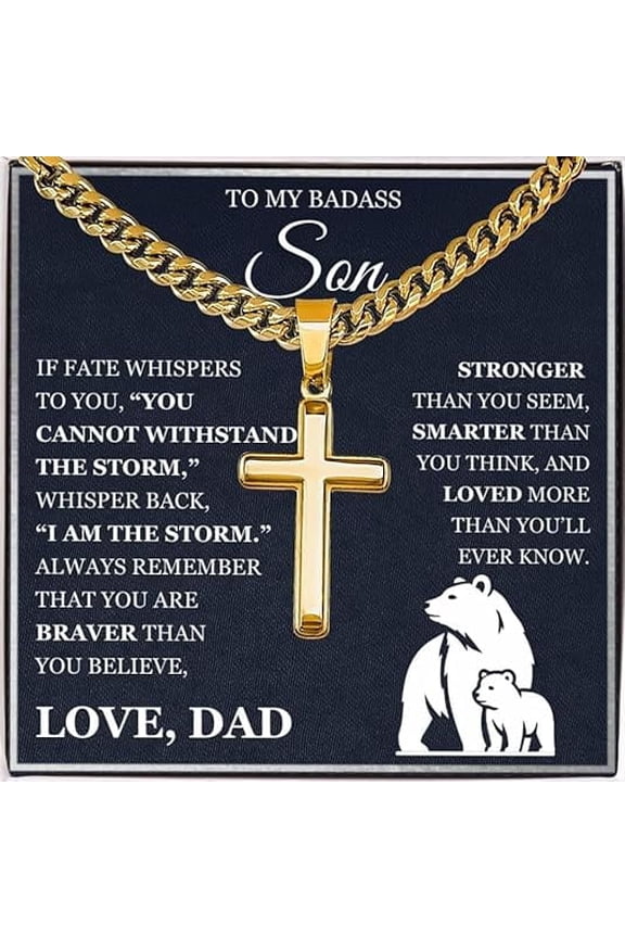 To My Son - Artisan Cross with Cuban Link Chain, Meaningful Gift for Birthday, Inspire Him with Faith and Love Jewelry Message Card, Gift from Dad