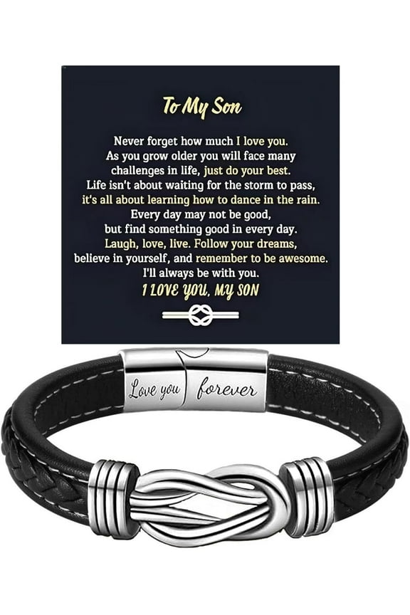 To My Son Bracelet From Mom, Infinity Knot Love You Forever Linked Together Stainless Steel Handmade Leather Cuff Mens Birthday Weave Gift Jewelry