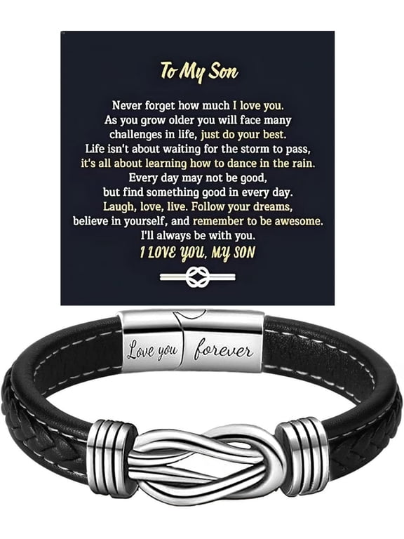 To My Son Bracelet From Mom, Infinity Knot Love You Forever Linked Together Stainless Steel Handmade Leather Cuff Mens Birthday Weave Gift Jewelry