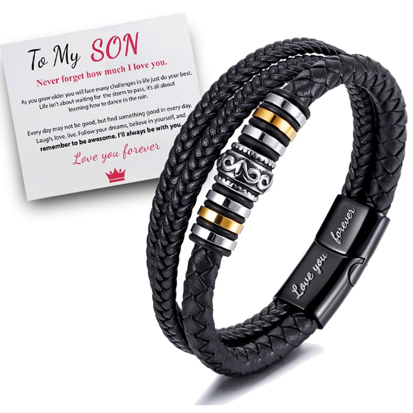 to My Son Bracelet from Mom with Message Card,Handmade Braided Leather Cross Bracelet Men Stainless Steel Inspirational Wristband Meaningful Bracelet