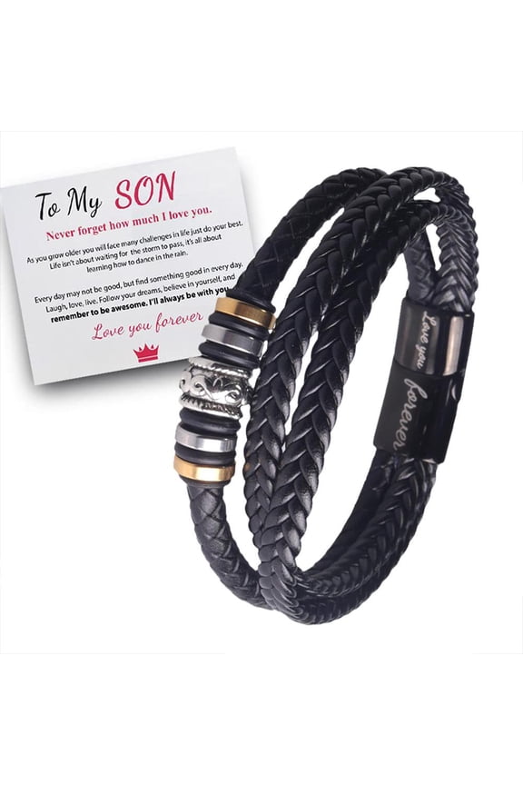 To My Son Bracelet,To My Son Love You Forever Leather Braided Bracelet With Gift Card Steel Adjustable Wristband Customized Gift for Son