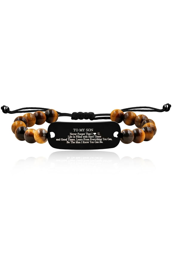 To My Son Bracelet from Mom Dad Inspirational Birthday Christmas Gifts from Parents - 8mm Tiger Eye Beads Bracelet Adustable for Son