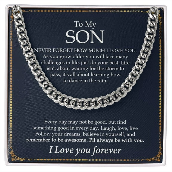 To My Son Cuban Chain Necklace, Gift for Son from Mom, Dad, Cuban Link Chain, Stainless Steel or Yellow Gold, Message Card & Gift Box