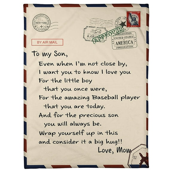 To My Son Fleece Blanket, By Air Mail Baseball Letter Son From Mom Birthday Gift Home Decor Bedding Couch, 50x60in Fleece Blanket