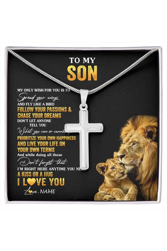 To My Son From Dad Father Lion My Only Wish For You Son Birthday Graduation Box Message Card, Multi Cross Necklace
