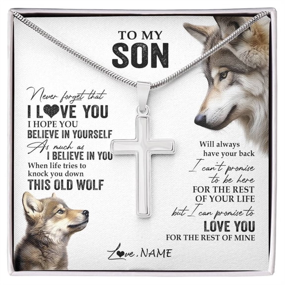 To My Son From Mom Dad Mother Father This Old Wolf Love You Son Birthday Graduation Box Message Card, Multi Cross Necklace