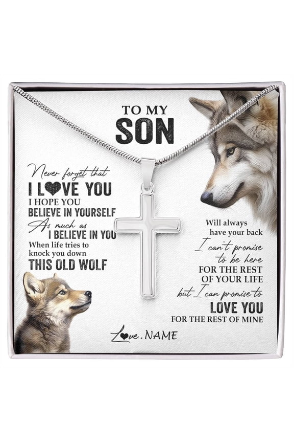 To My Son From Mom Dad Mother Father This Old Wolf Love You Son Birthday Graduation Box Message Card, Multi Cross Necklace