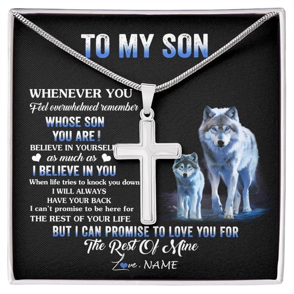 To My Son From Mom Dad Mother Father Whenever You Feel Wolf Son Birthday Box Message Card, Multi Cross Necklace