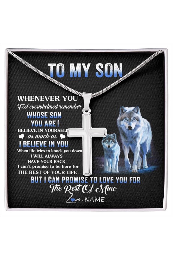 To My Son From Mom Dad Mother Father Whenever You Feel Wolf Son Birthday Box Message Card, Multi Cross Necklace