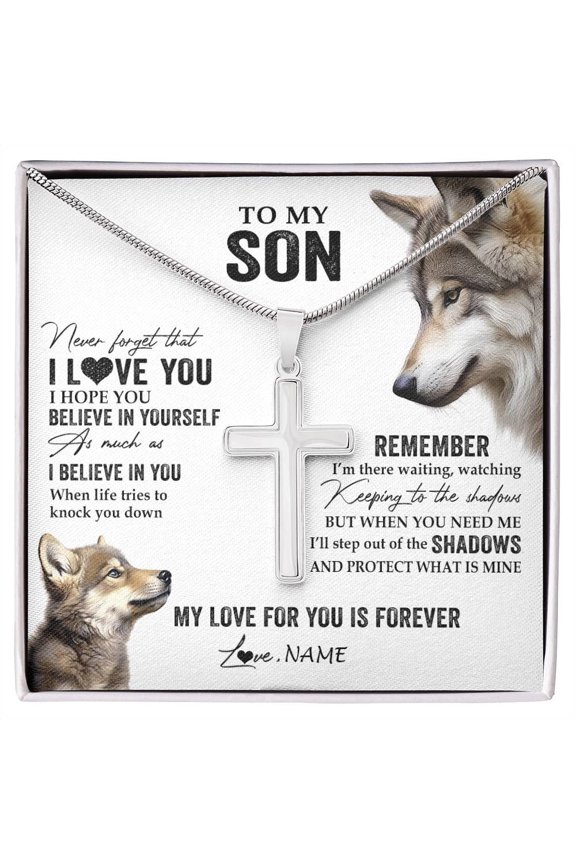 To My Son From Mom Dad Mother Father Wolf My Love For You Is Forever Son Birthday Graduation Box Message Card, Multi Cross Necklace