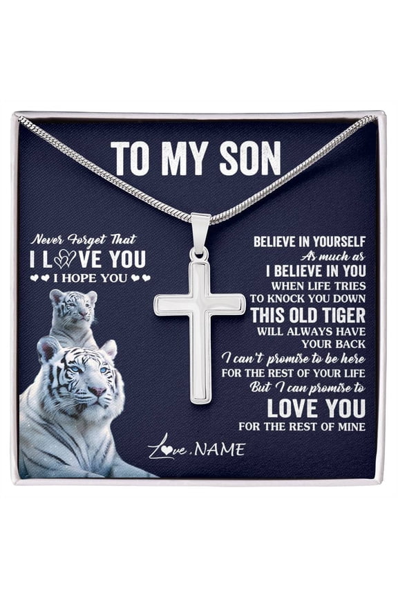 To My Son From Mom Dad Mother This Old Tiger Love You Son Birthday Graduation Box Message Card, Multi Cross Necklace