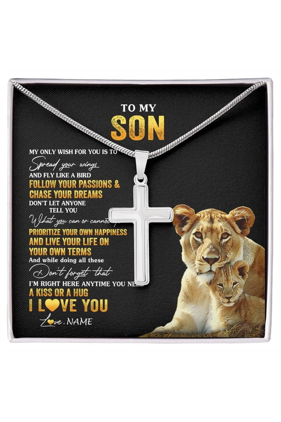 To My Son From Mom Mother Lion My Only Wish For You Son Birthday Graduation Box Message Card, Multi Cross Necklace
