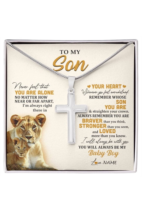 To My Son From Mom Mother Lion Never Feel That You Are Alone Great Son Birthday Box Message Card, Multi Cross Necklace