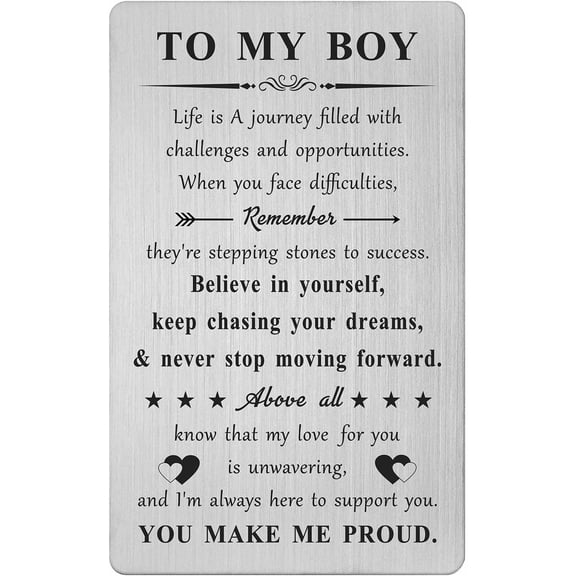 To My Son Gifts - Engraved Metal Wallet Insert Card with Inspirational Quote - Sons Back to School Graduation Birthday Card Gift from Mom & Dad