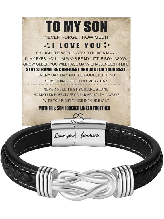 To My Son Grandson Bracelet From Mom Grandma, Infinity Knot Love You Forever Linked Together Handmade Leather Cuff Mens Birthday Weave Gift Jewelry