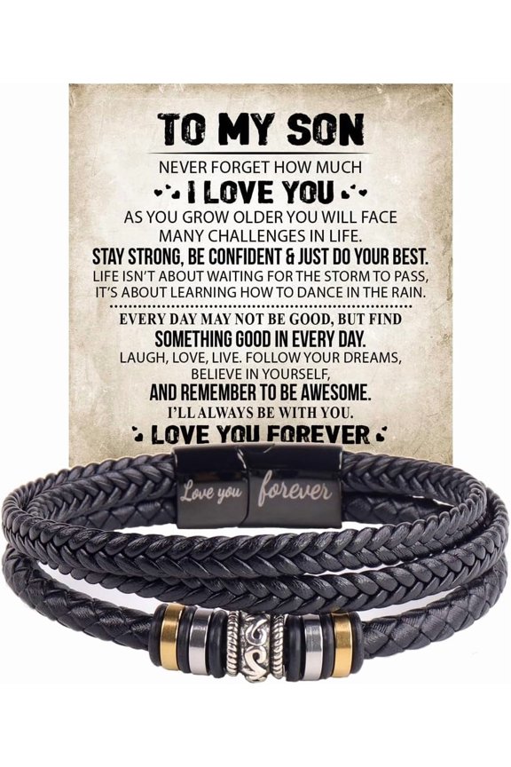 To My Son Grandson Bracelet From Mom Grandma, Infinity Knot Love You Forever Linked Together Handmade Leather Cuff Mens Birthday Weave Gift Jewelry