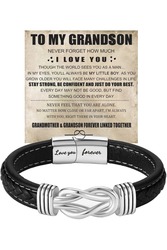 To My Son Grandson Bracelet From Mom Grandma, Infinity Knot Love You Forever Linked Together Handmade Leather Cuff Mens Birthday Weave Gift Jewelry