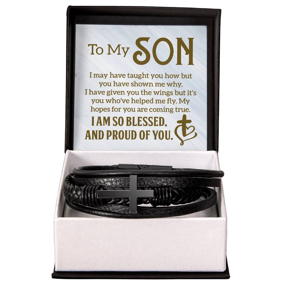 To My Son I Am So Blessed Men's Stainless Steel & Vegan Leather Cross Bracelet - Vegan Leather with Stainless Steel