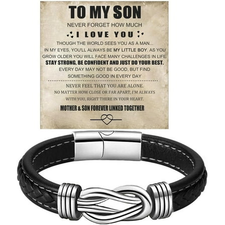 To My Son Infinity Knot Bracelet From Mom, Forever Linked Together Stainless Steel Braided Leather Inspirational Bracelets Birthday Gift Jewelry