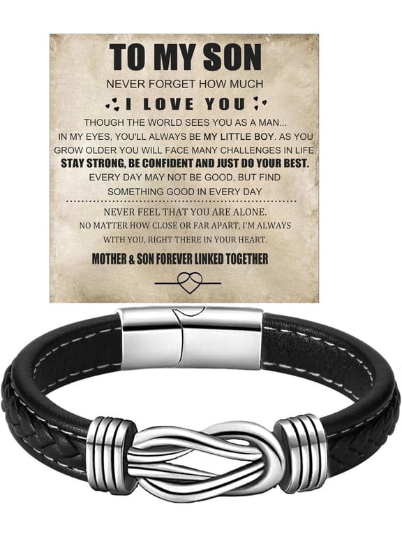 To My Son Infinity Knot Bracelet From Mom, Forever Linked Together Stainless Steel Braided Leather Inspirational Bracelets Birthday Gift Jewelry