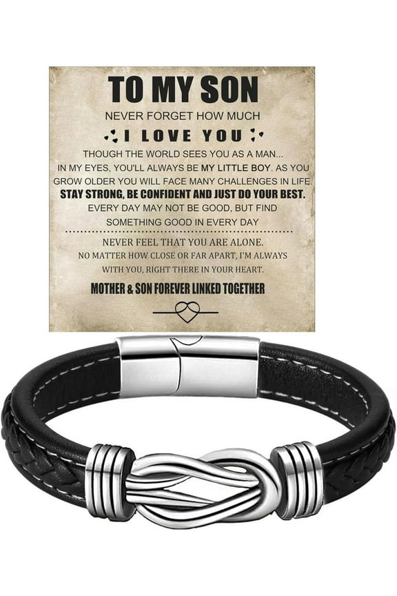 To My Son Infinity Knot Bracelet From Mom, Forever Linked Together Stainless Steel Braided Leather Inspirational Bracelets Birthday Gift Jewelry