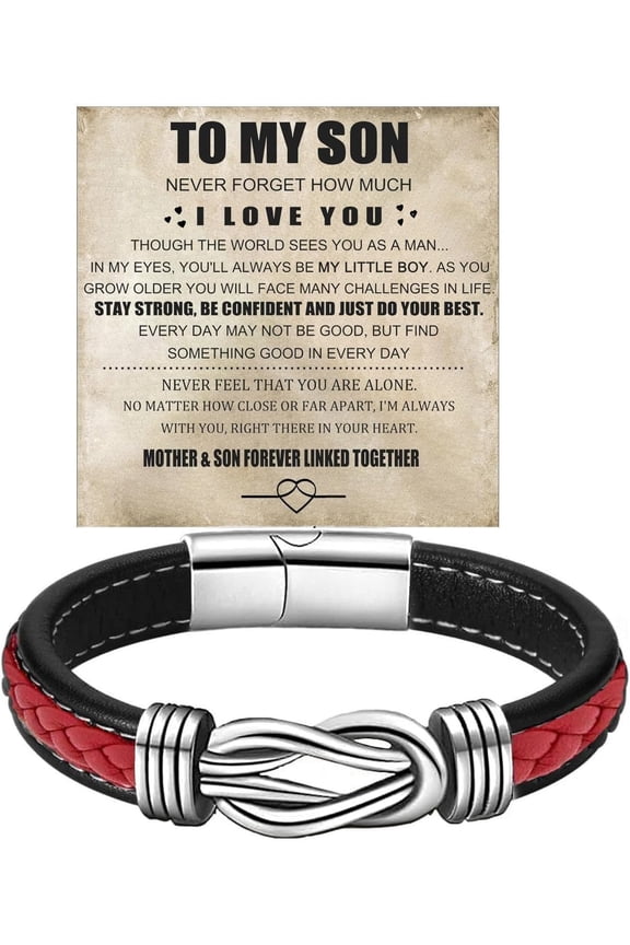 To My Son Infinity Knot Bracelet From Mom, Forever Linked Together Stainless Steel Braided Leather Inspirational Bracelets Birthday Gift Jewelry