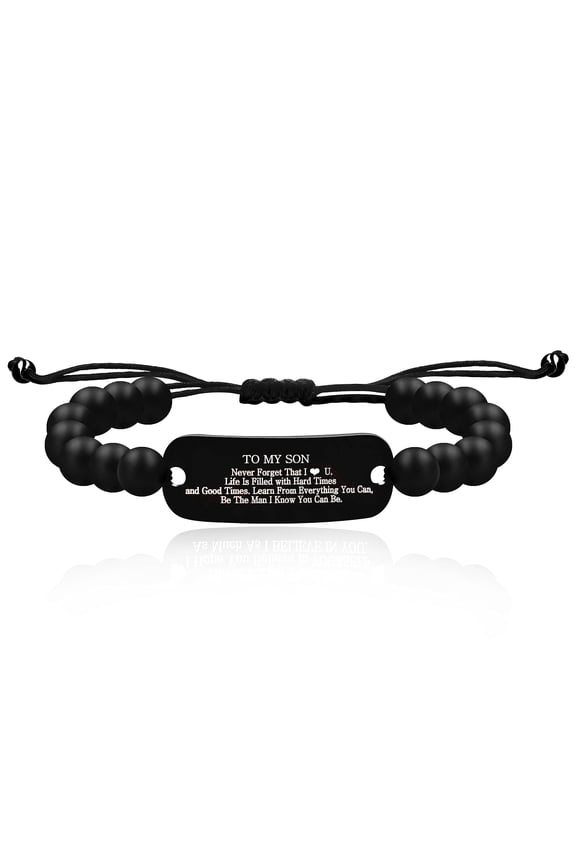 To My Son Inspirational Bracelet Gift from Parents Never Forget I Love You - 8mm Black Onyx Beads Bracelet for Teen Boy, To Son Gift, Christmas gift