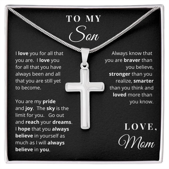 To My Son Love Mom Cross Necklace Stainless Steel - Artisan Cross Necklace - Gift Box & Message Card