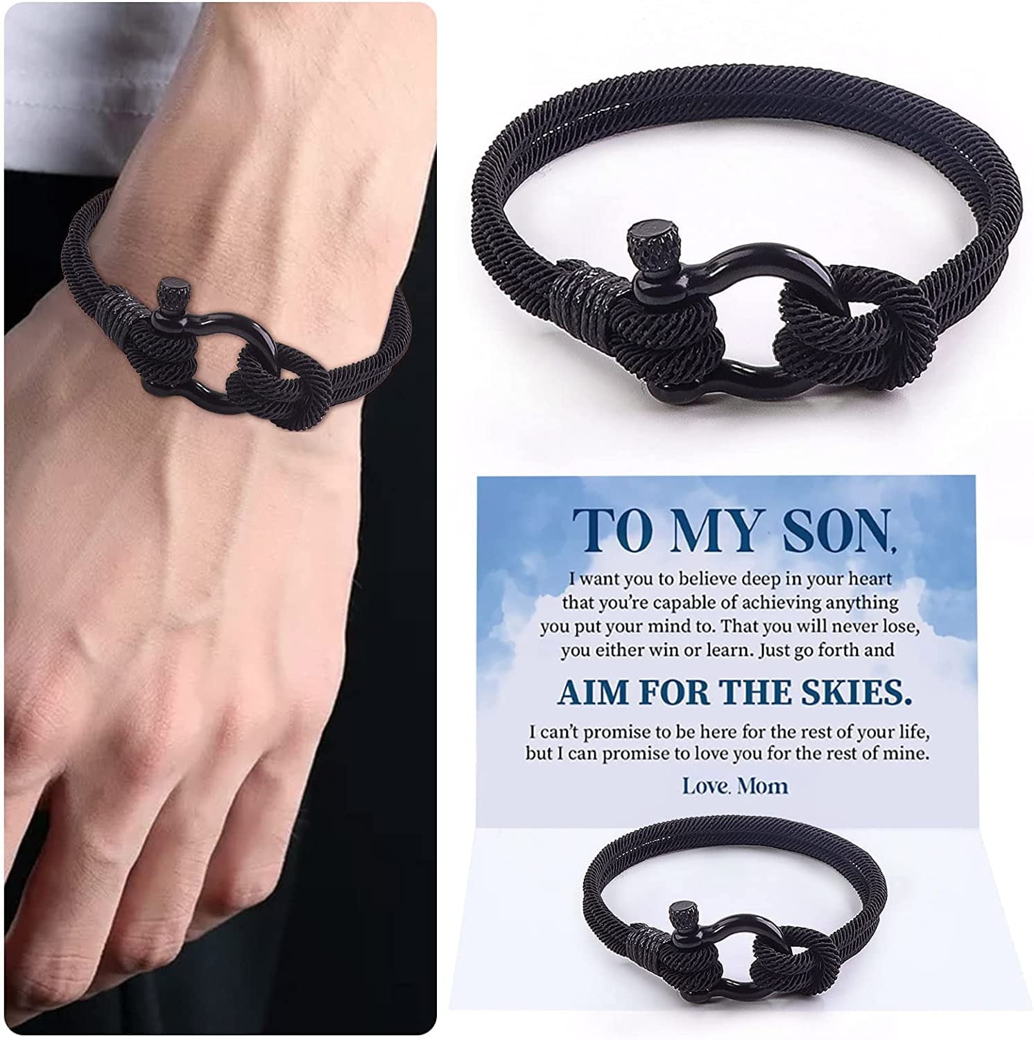 EUPHRATES To My Son Love You Forever Nautical Bracelet Waterproof Paracord Cuff Wristband with Steel Screw Birthday Gifts for Son Boys