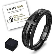 AWAREISN To My Son Mother and Son Forever Linked Together Braided Leather Bracelet Love You Forever Pray Through It Leather Cross Bracelet Stainless Steel Inspirational Wristband (Love you forever #2)