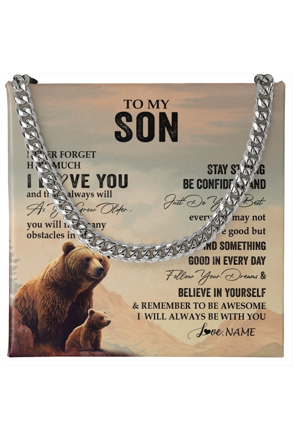 To My Son Necklace Bear Love You Forever, Gold Cuban Link Necklace