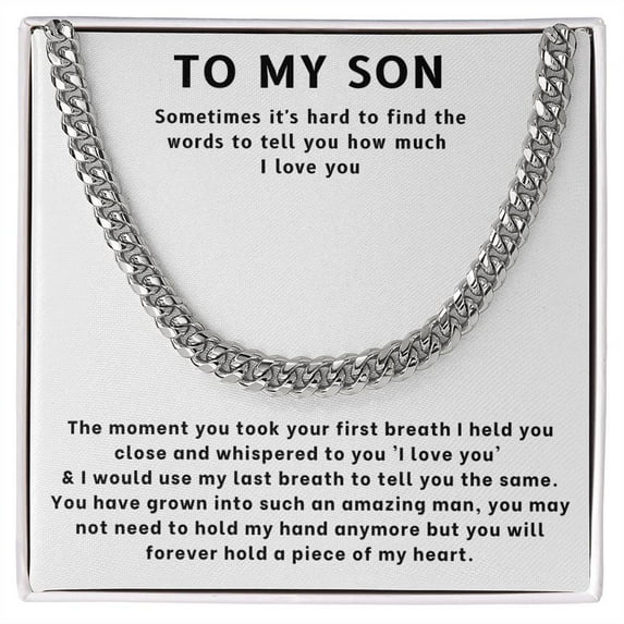 To My Son Necklace, Cuban Link Chain - Stainless Steel/ Yellow Plated - Message Card & Gift Box