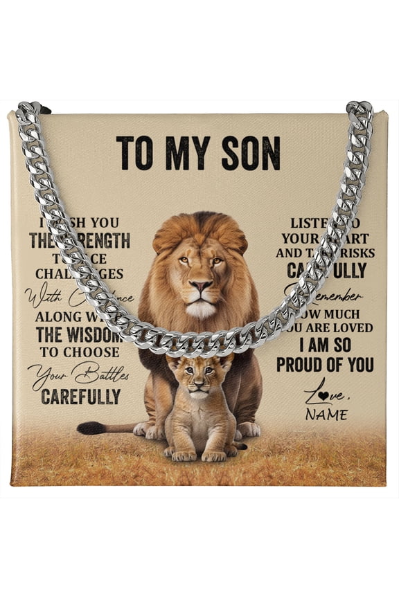 To My Son Necklace Lion Wish You Strength, Gold Cuban Link Necklace