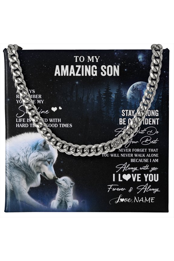 To My Son Necklace Moon Wolf Strength, Gold Cuban Link Necklace