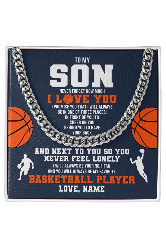 To My Son Necklace Never Forget I Love You Basketball, White Cuban Link Necklace