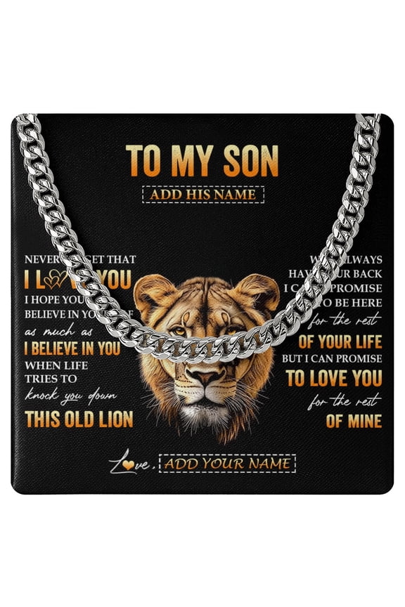 To My Son Necklace Old Lion Love Mom, Gold Cuban Link Necklace