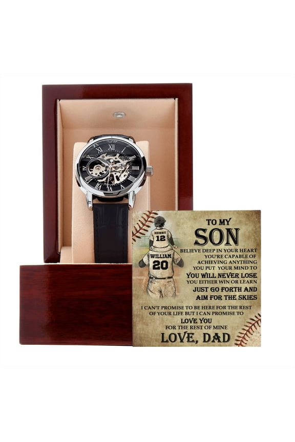 To My Son Openwork Watch, Gift for Son from Dad, Son Baseball Gift, Son Birthday Gift, Son Graduation Gift - Men's Openwork Watch - Mahogany Gift Box