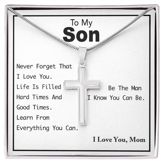 To My Son - Stainless Steel Cross - Artisan Cross Necklace - Gift Box & Message Card