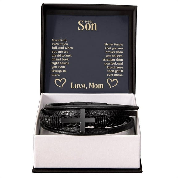To My Son Stand Tall From Mom Men's Cross Bracelet - Vegan Leather with Stainless Steel