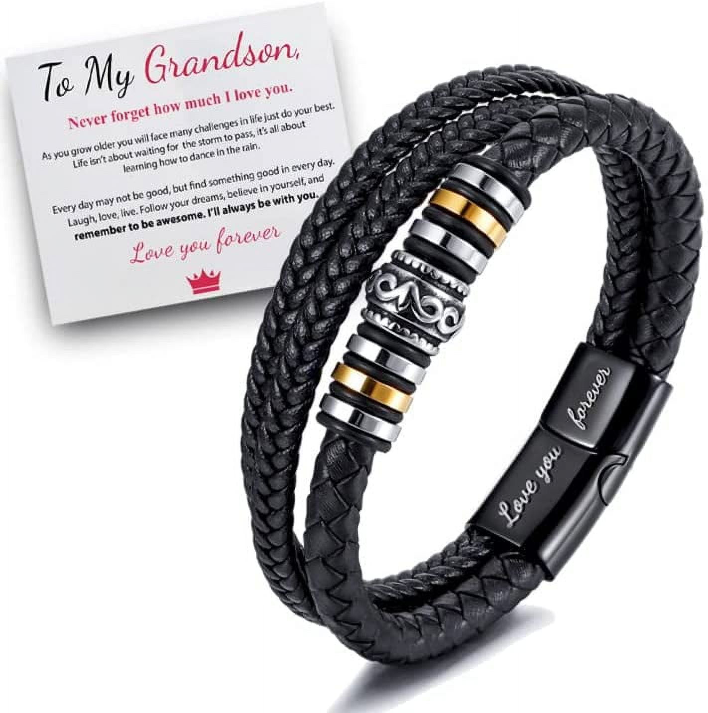 YXWLKJ To My Son/To My Grandson - "I Will Always Be With You" Braided Leather Bracelet for Men, Stainless Steel Inspirational Wristband, Mens Braided Leather Bracelet Bangle Wristband (To Grandson)
