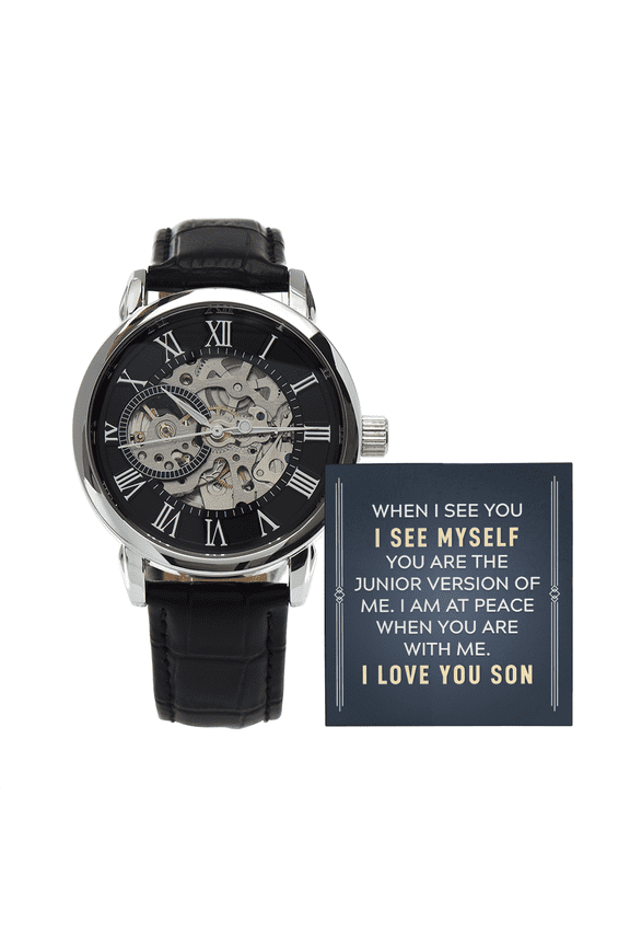 To My Son When I See You Men's Openwork Watch With Mahogany Box