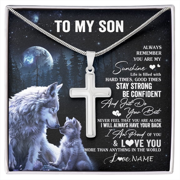 To My Son Wolf From Mom Dad Mother Father Always Remember Son Birthday Graduation Box Message Card, Multi Cross Necklace