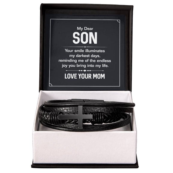 To My Son Your Smile Men's Stainless Steel & Vegan Leather Cross Bracelet - Vegan Leather with Stainless Steel