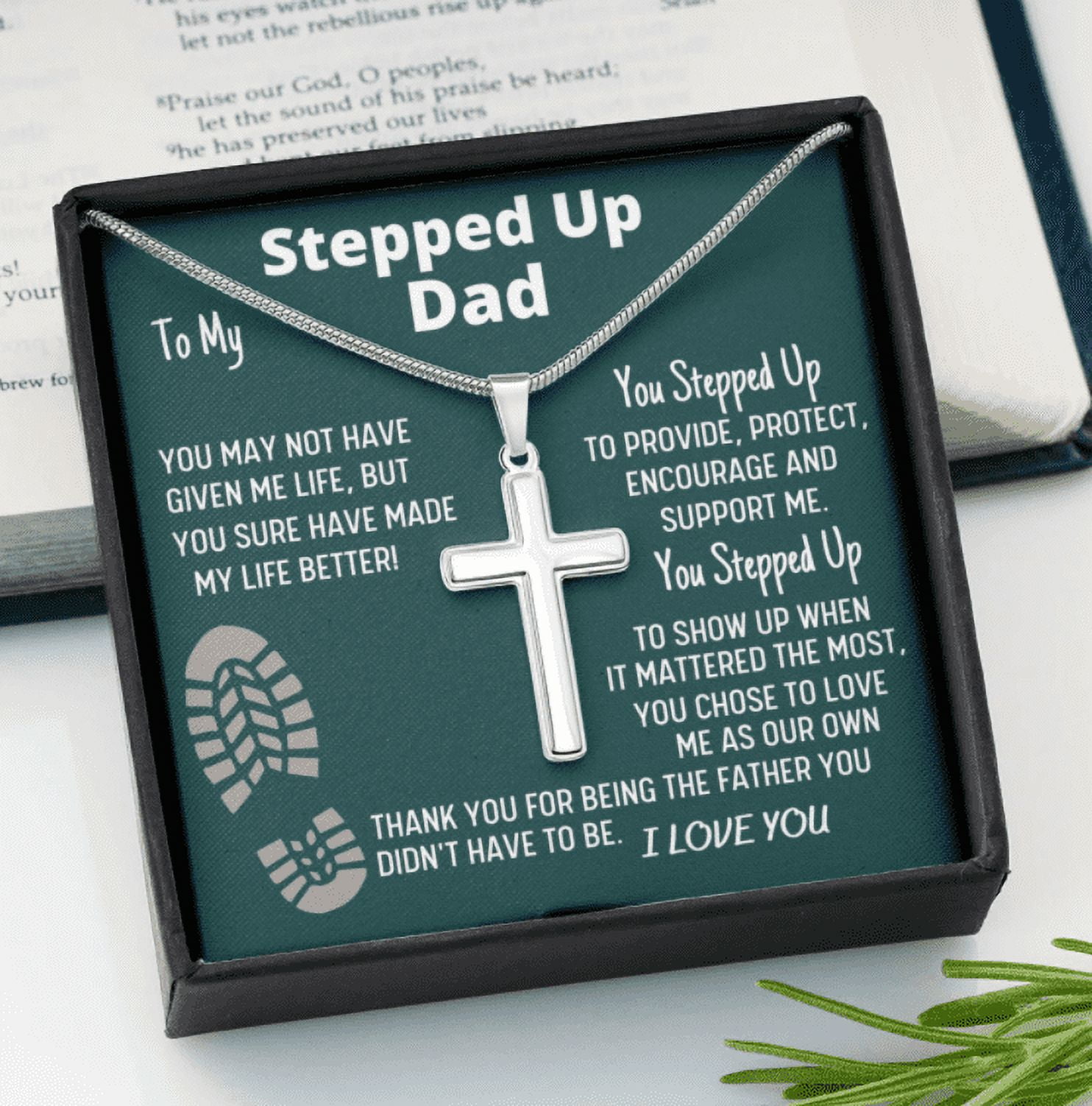 To My Stepped Up Dad Bonus Dad Men Silver Adult Cross Necklace, Gift for Stepdad Fathers Day Gift, Best Dad Gift