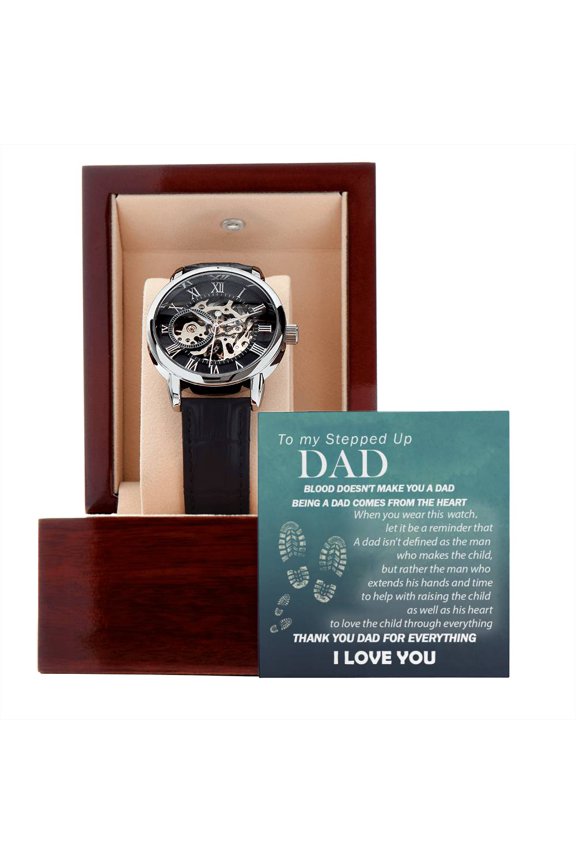 To My Stepped Up Dad, Openwork Watch for Step Dad, Father's Day Gift, Stepdad Gift - Men's Openwork Watch - Mahogany Gift Box