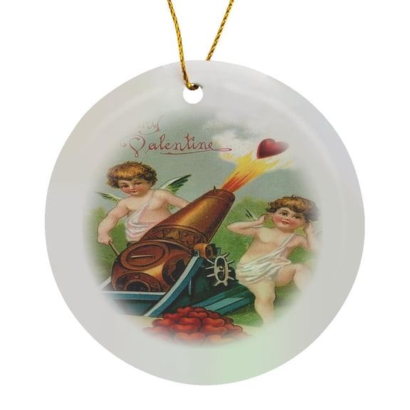 3drose, to My Valentine Cherubs Shooting Red Hearts from a Cannon, Circle Porcelain Ornament