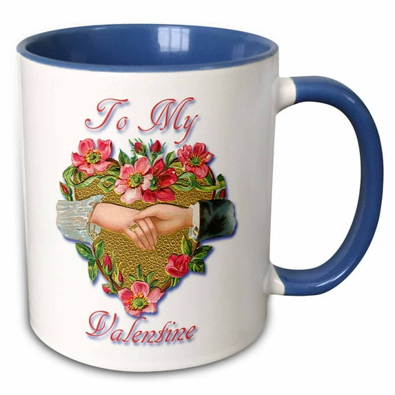 3drose, to My Valentine Man and Woman Holding Hands in Gold Colored Heart, 11oz Two-tone Blue Mug