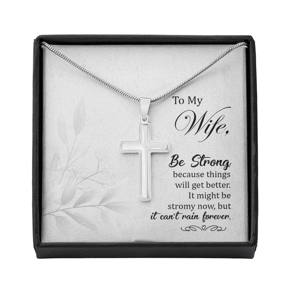 To My Wife Be Strong Cross Card Necklace w Stainless Steel Pendant