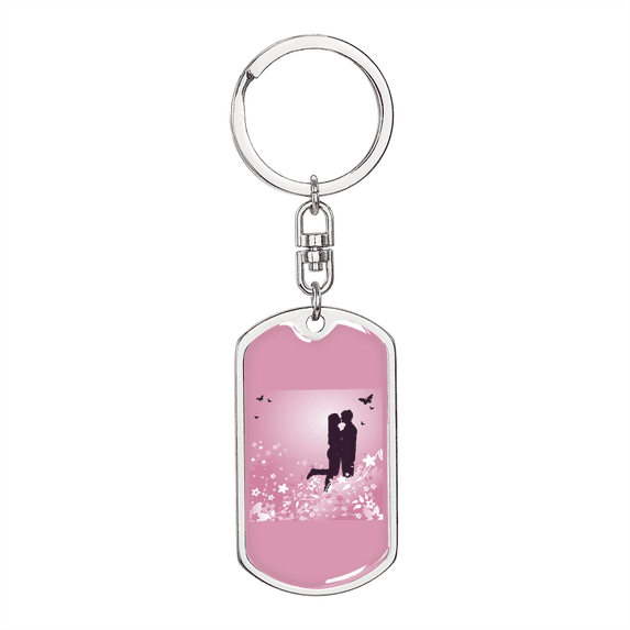 To My Wife Love Couple Pink Floral Stainless Steel or 18k Gold Premium Swivel Dog Tag Keychain