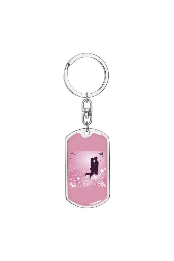 To My Wife  Love Couple Pink Floral Stainless Steel or 18k Gold Premium Swivel Dog Tag Keychain
